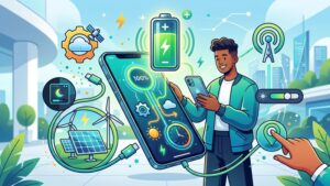 Современная иллюстрация смартфона с иконкой зарядки аккумулятора для статьи о продлении срока службы батареи