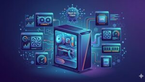 Современный игровой компьютер с подсветкой и мощными комплектующими на темном фоне для гида по выбору.